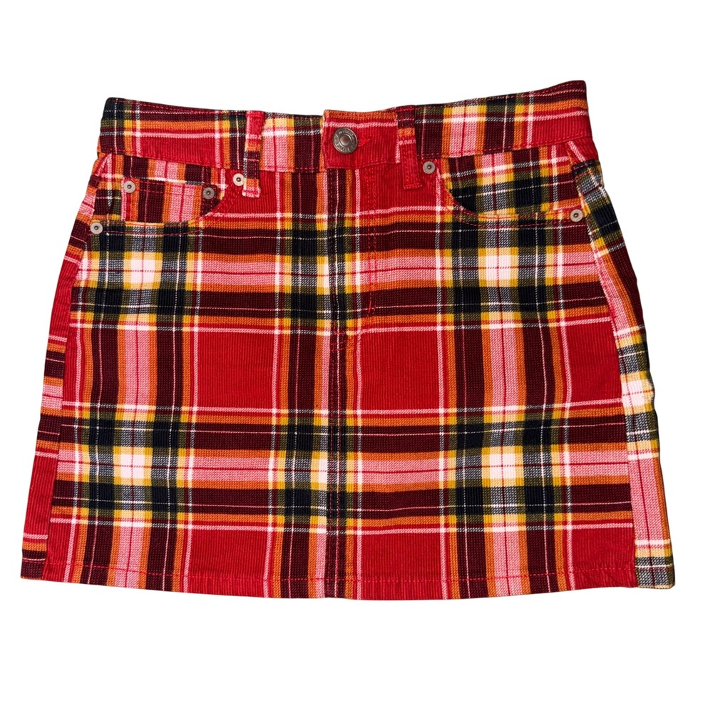 American Eagle Plaid Corduroy Mini Skirt size 2 Red Orange Super Stretch‎ y2k